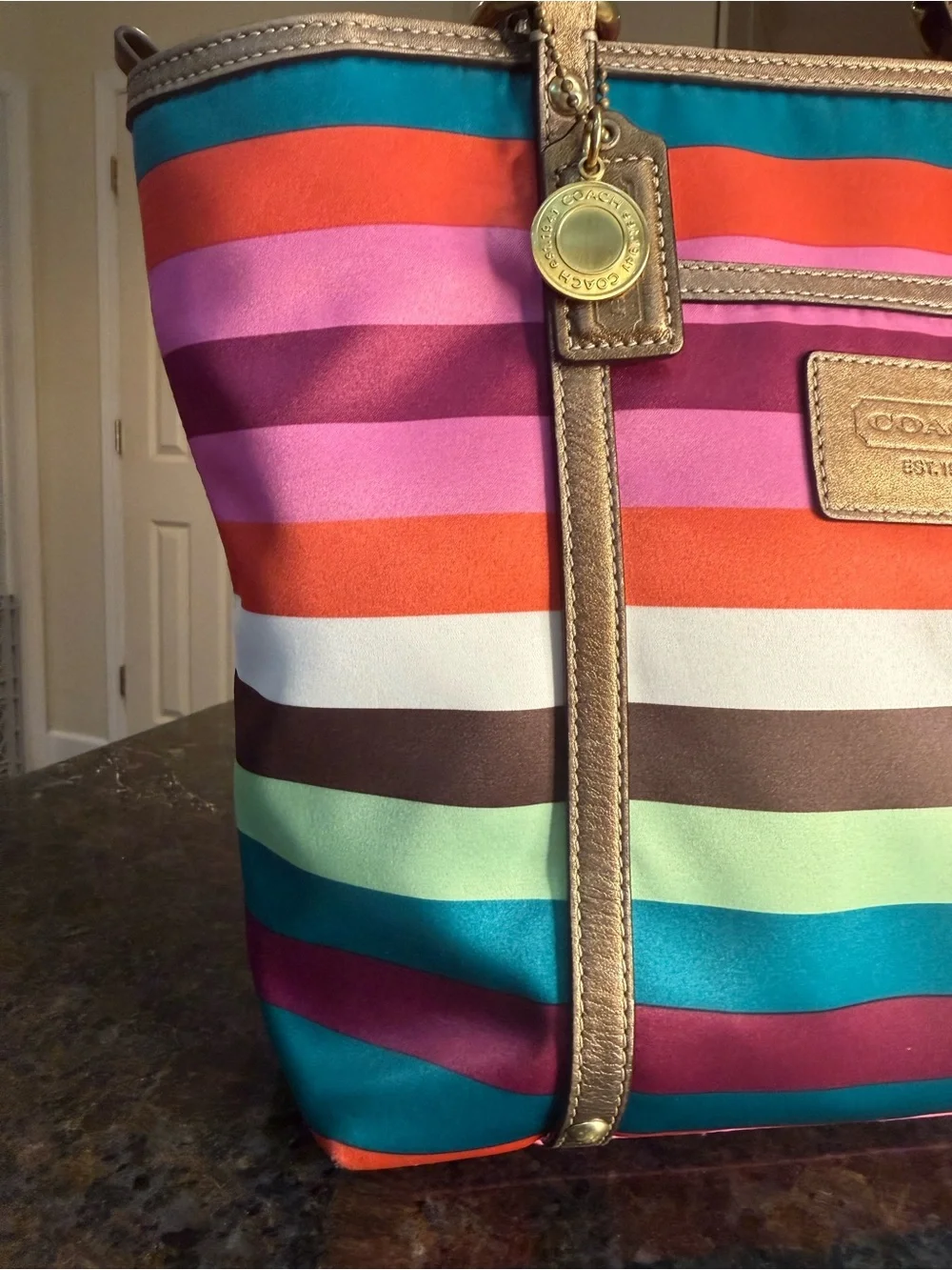 Coach Small Legacy Stripe Tote with Metallic Bronze Trim